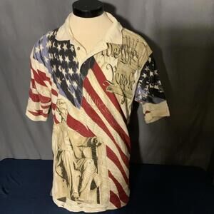 Vintage Large Mens Polo Cotton Traders Sport Patriotic AOP American Flag